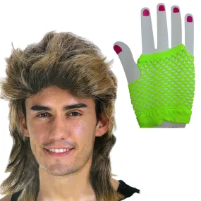 2Pcs Set Golden Blonde Bullet Wig   Fishnet Gloves 70s 80s Womens Costume Party - FLUROYELLOW