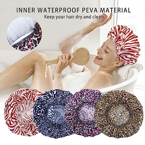 4 PCS Shower Caps for Women, Elastic and Reusable Bath Caps, Double Waterproof Layers Shower Cap, Bathing Shower Caps, Environmental Protection Hair Bath Hat - Printed Color