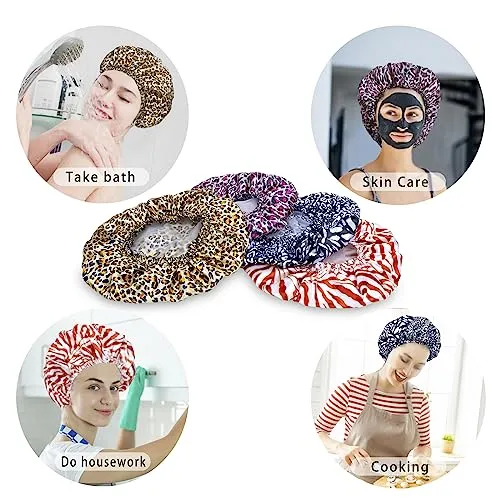 4 PCS Shower Caps for Women, Elastic and Reusable Bath Caps, Double Waterproof Layers Shower Cap, Bathing Shower Caps, Environmental Protection Hair Bath Hat - Printed Color