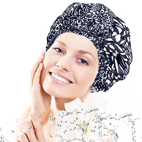 4 PCS Shower Caps for Women, Elastic and Reusable Bath Caps, Double Waterproof Layers Shower Cap, Bathing Shower Caps, Environmental Protection Hair Bath Hat - Printed Color