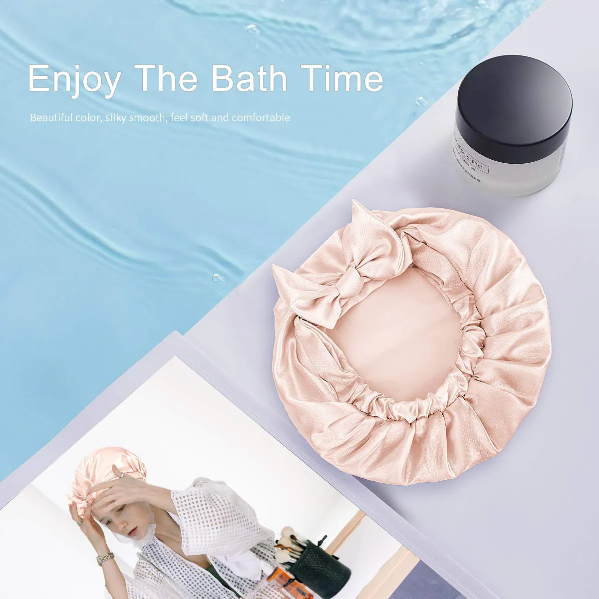 Auban Shower Cap Reusable,Ribbon Bow Bath Cap Oversized Large Design with Waterproof Exterior for All Hair Lengths,Great for Girls Spa Home Use,Hotel and Hair Salon (Blue Triangle)