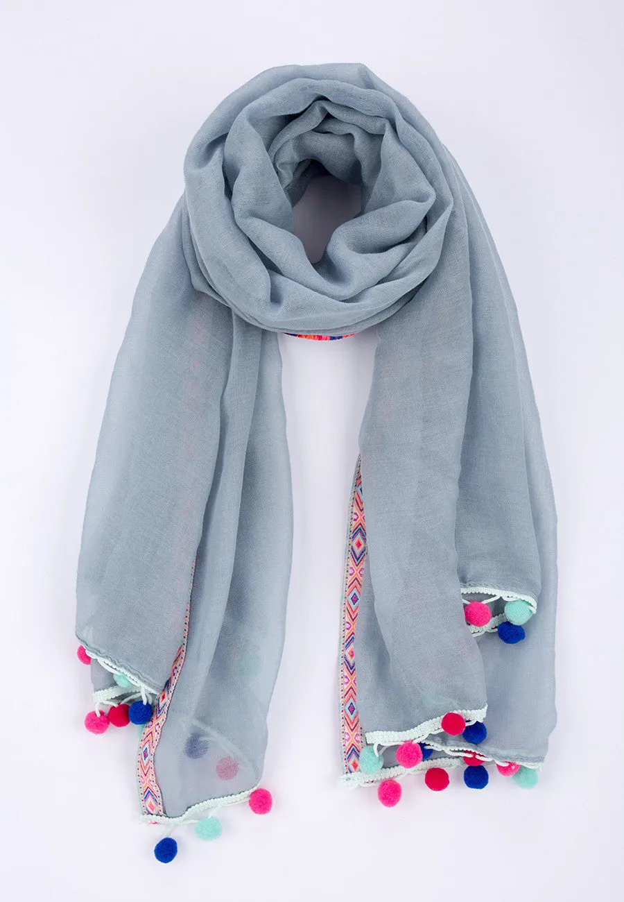 AZTEC TRIM WITH MULTI-COLOURED POM POMS SCARF
