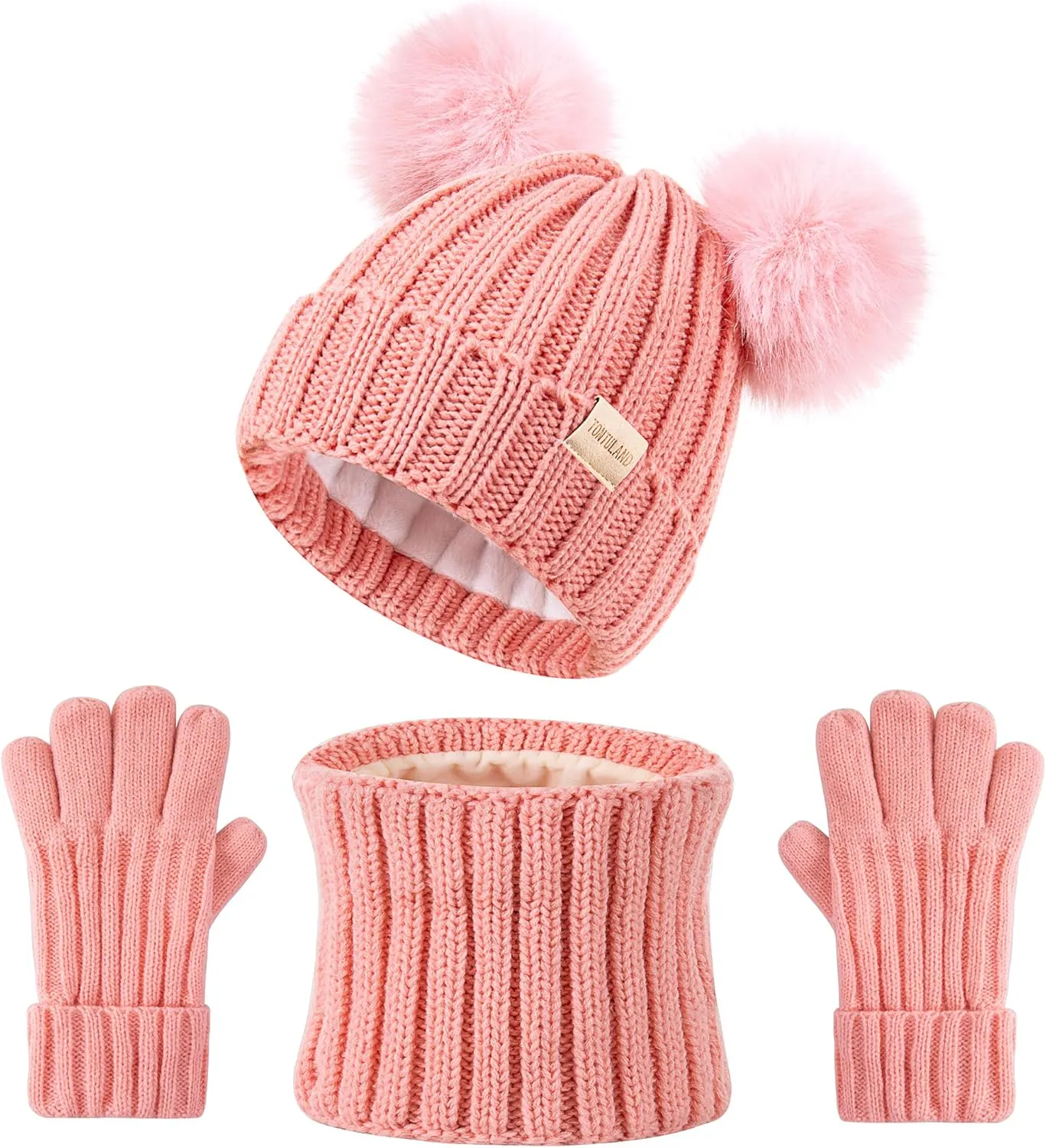 Children Winter Hat Scarf Gloves Set Kids Warm Beanie Fleece Lined Knit PomPom Woollen Hat for Boys and Girls 3-9