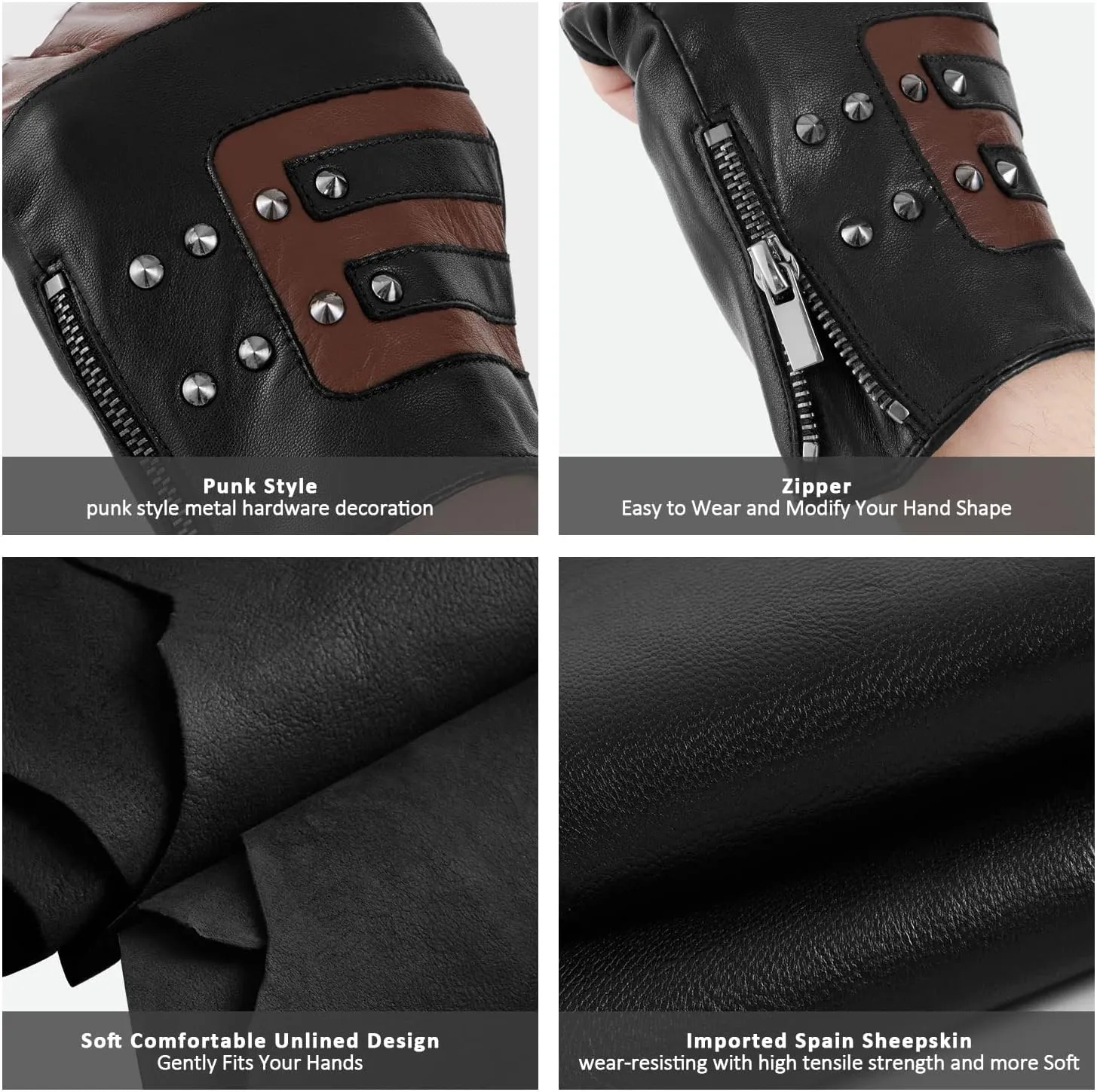 FIORETTO Mens Genuine Leather Fingerless Gloves Unlined Half Finger Punk Gloves for Driving Cycling Motorcycle M200801