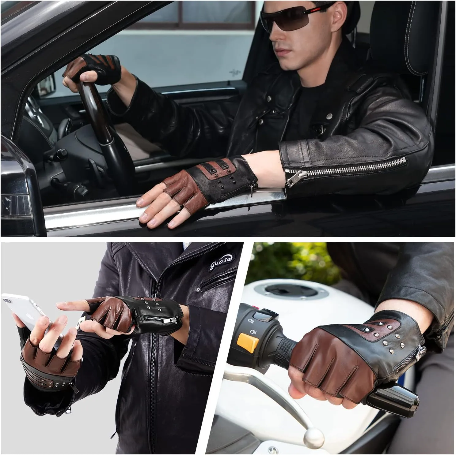 FIORETTO Mens Genuine Leather Fingerless Gloves Unlined Half Finger Punk Gloves for Driving Cycling Motorcycle M200801