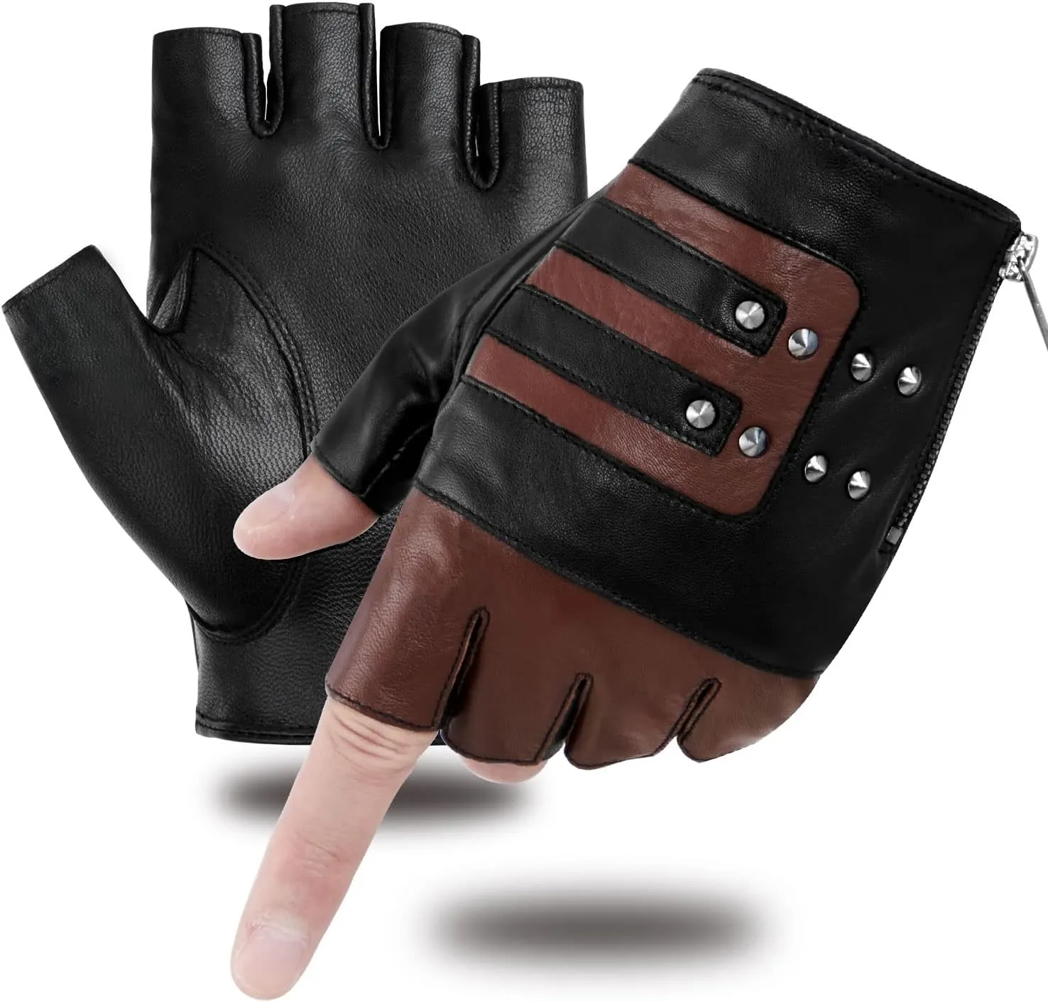 FIORETTO Mens Genuine Leather Fingerless Gloves Unlined Half Finger Punk Gloves for Driving Cycling Motorcycle M200801