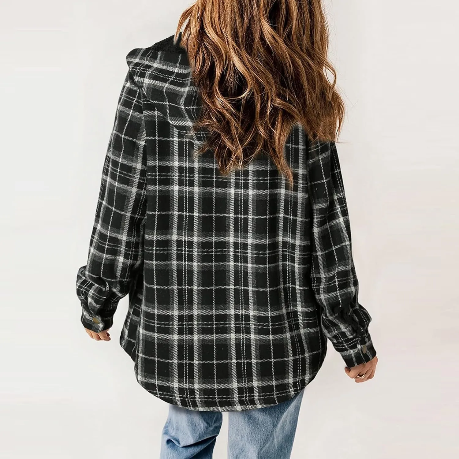 Fleece Plaid Coat for Women Button Down Long Sleeve Hooded Shacket Jacket Casual Plush Warm Coat with Pocket