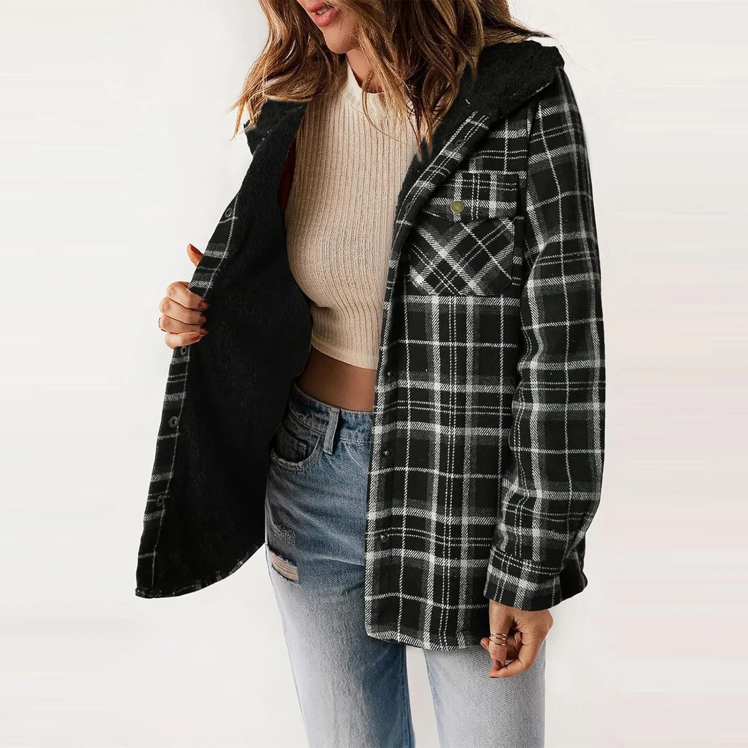 Fleece Plaid Coat for Women Button Down Long Sleeve Hooded Shacket Jacket Casual Plush Warm Coat with Pocket