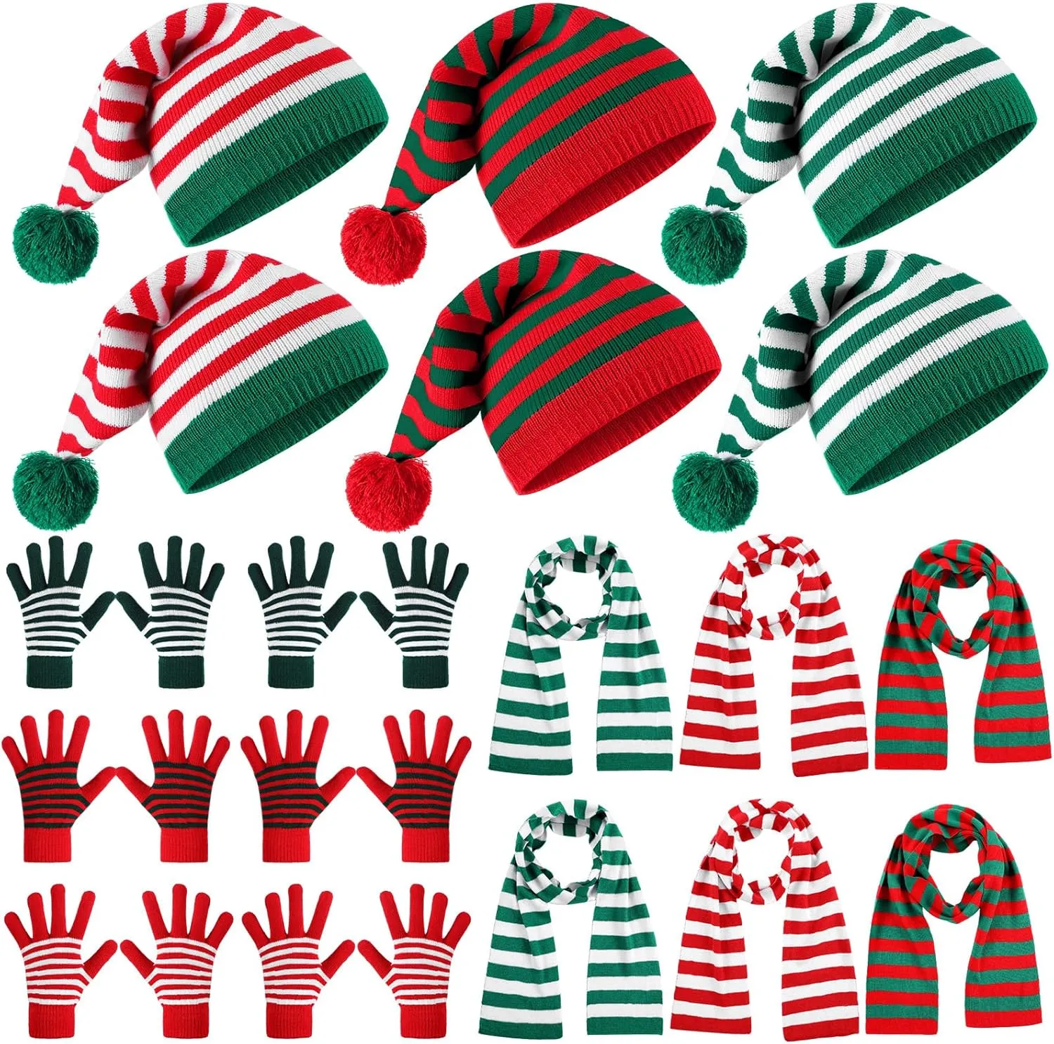Geyoga 18 Pcs Christmas Winter Knitted Hat Scarf Gloves Set, Santa Hats for Adults Xmas Beanie with Pom Bulk Long Knit Scarf Gloves for Women Men