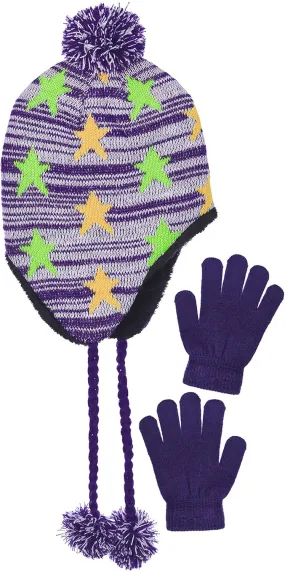 Girls Fleece Lined Knit Pom Beanie & Gloves Set Ear Flaps & Tassels in 3 Colors