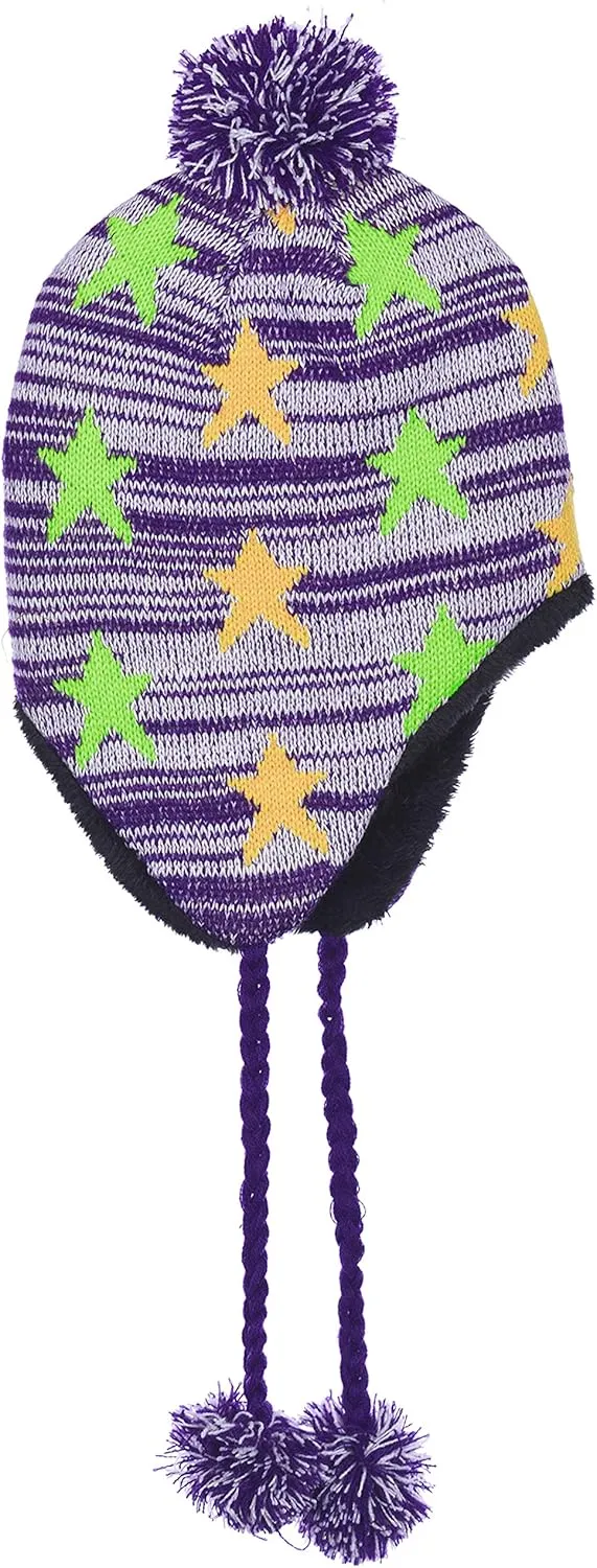 Girls Fleece Lined Knit Pom Beanie & Gloves Set Ear Flaps & Tassels in 3 Colors