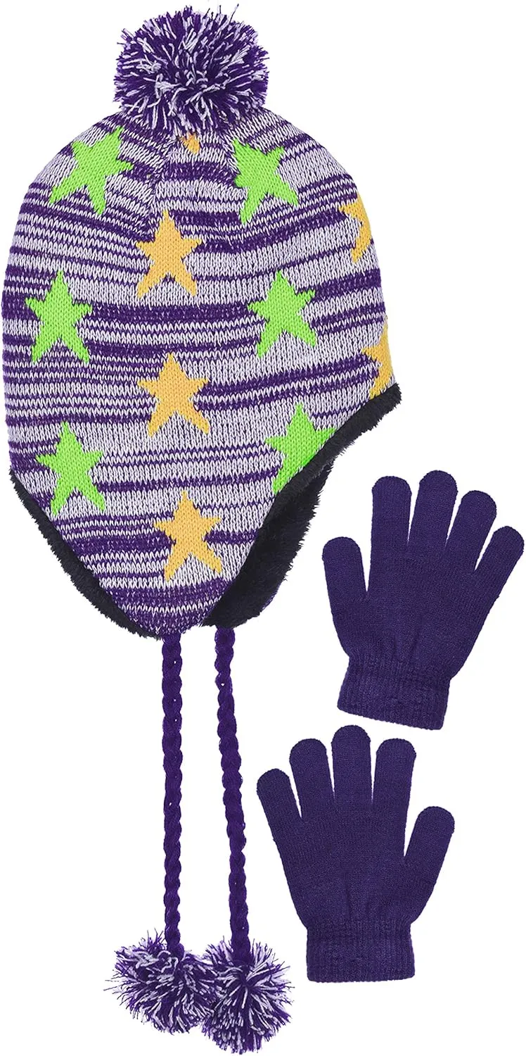 Girls Fleece Lined Knit Pom Beanie & Gloves Set Ear Flaps & Tassels in 3 Colors