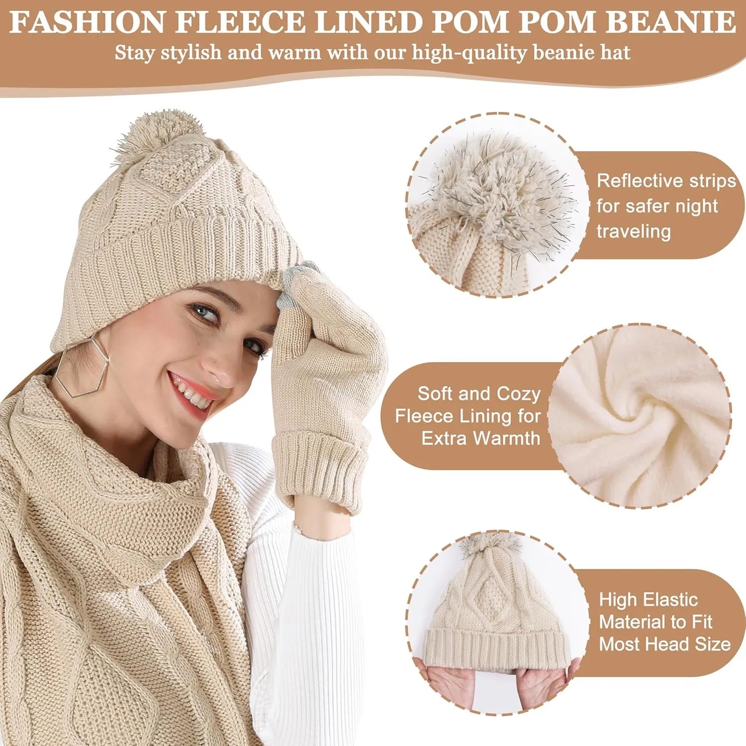 Hat Gloves Scarf Set Women Winter Knit Beanie Hat Touchscreen Gloves Long Scarve 3 in 1 Set Gift for Women Girls