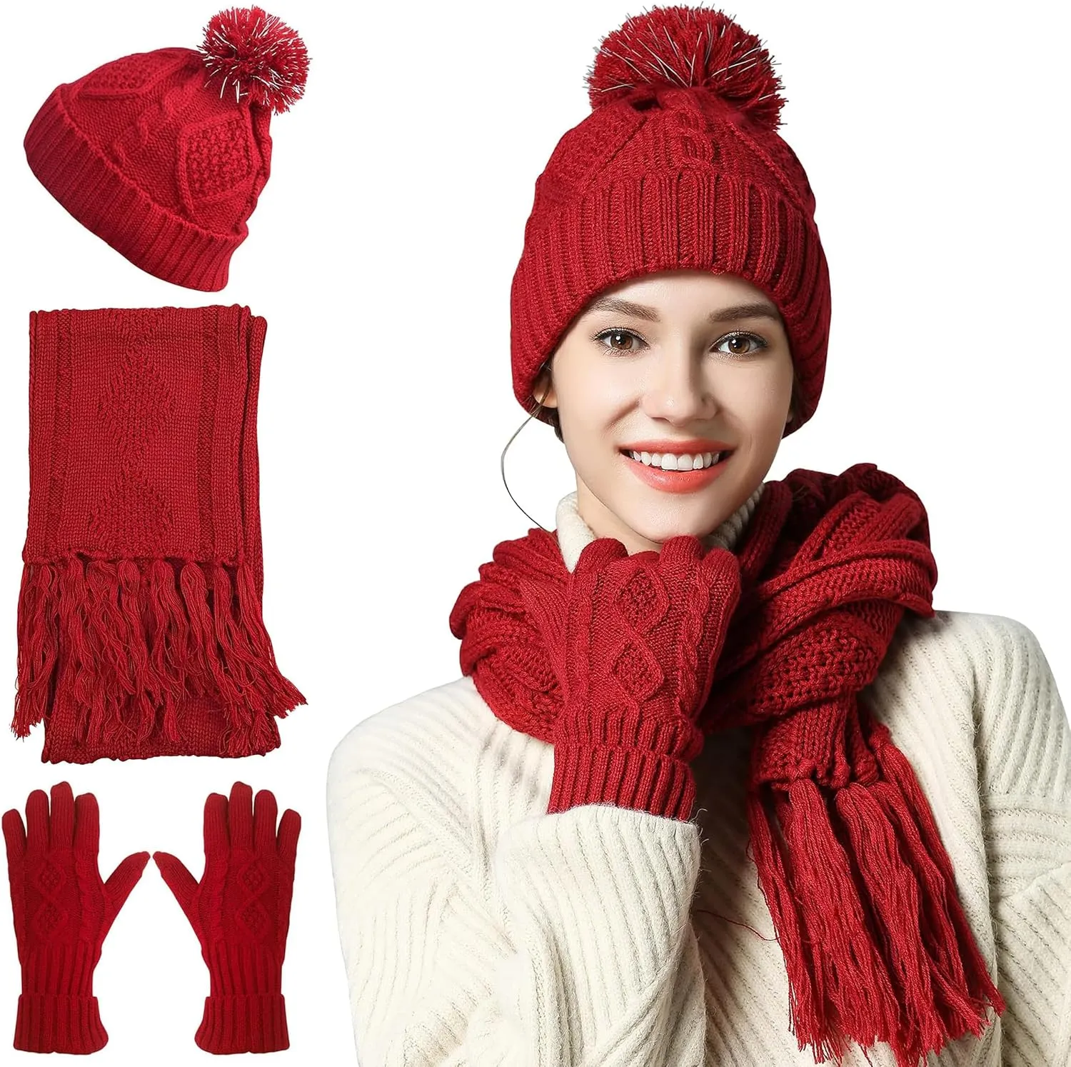 Hat Gloves Scarf Set Women Winter Knit Beanie Hat Touchscreen Gloves Long Scarve 3 in 1 Set Gift for Women Girls