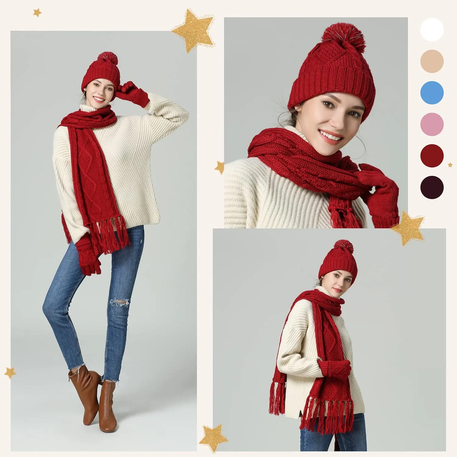 Hat Gloves Scarf Set Women Winter Knit Beanie Hat Touchscreen Gloves Long Scarve 3 in 1 Set Gift for Women Girls