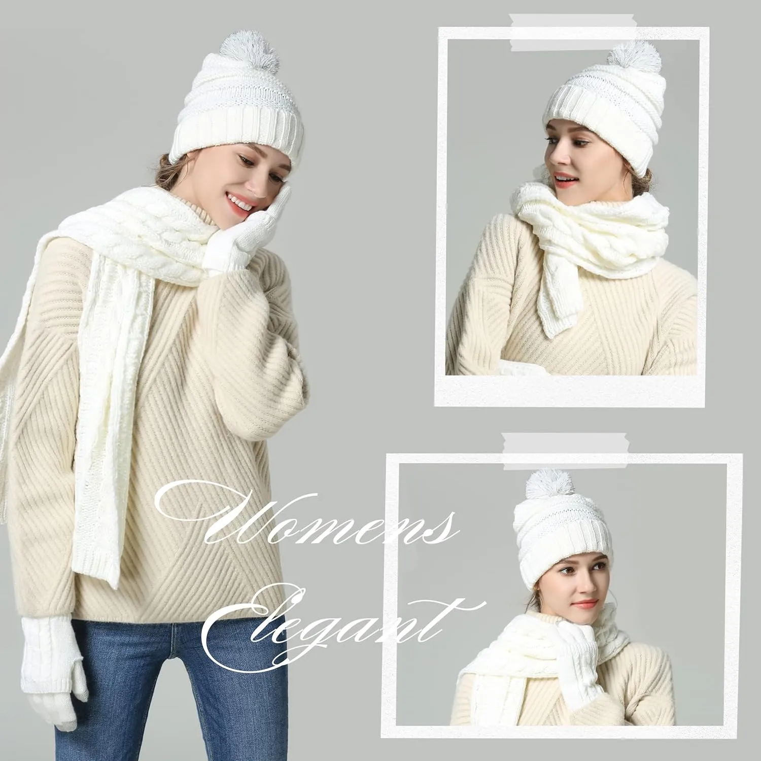 Hat Gloves Scarf Set Women Winter Knit Beanie Hat Touchscreen Gloves Long Scarve 3 in 1 Set Gift for Women Girls