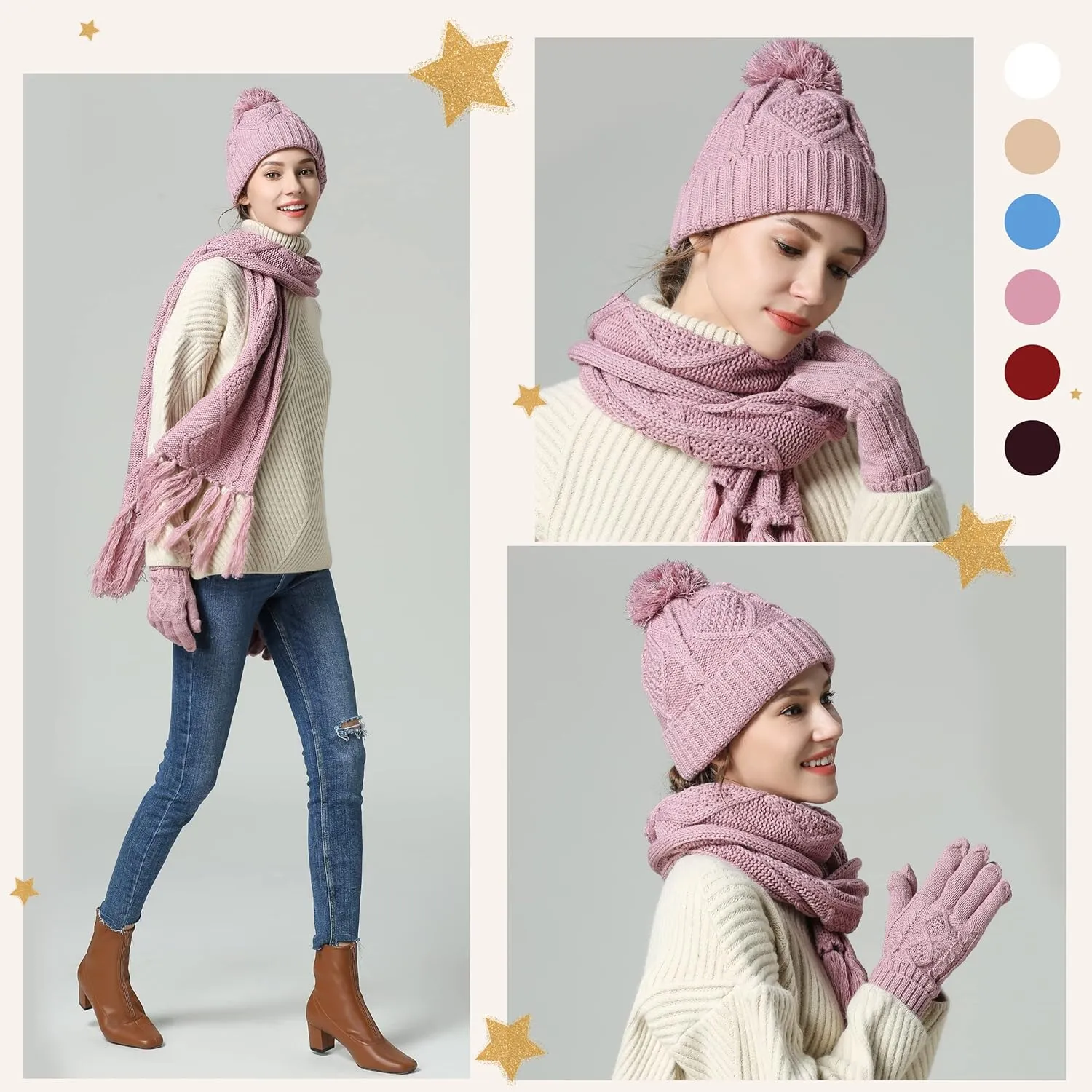 Hat Gloves Scarf Set Women Winter Knit Beanie Hat Touchscreen Gloves Long Scarve 3 in 1 Set Gift for Women Girls