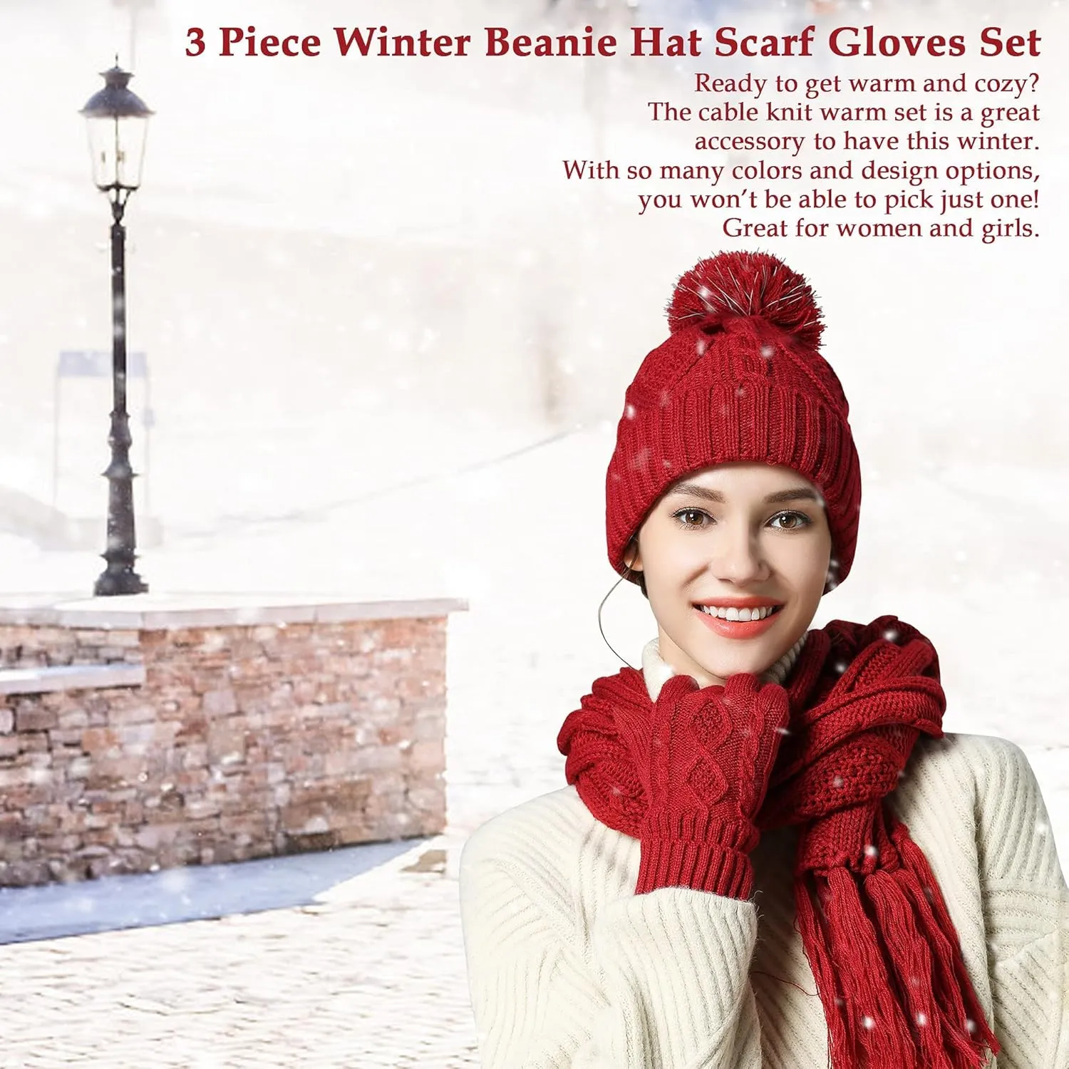 Hat Gloves Scarf Set Women Winter Knit Beanie Hat Touchscreen Gloves Long Scarve 3 in 1 Set Gift for Women Girls