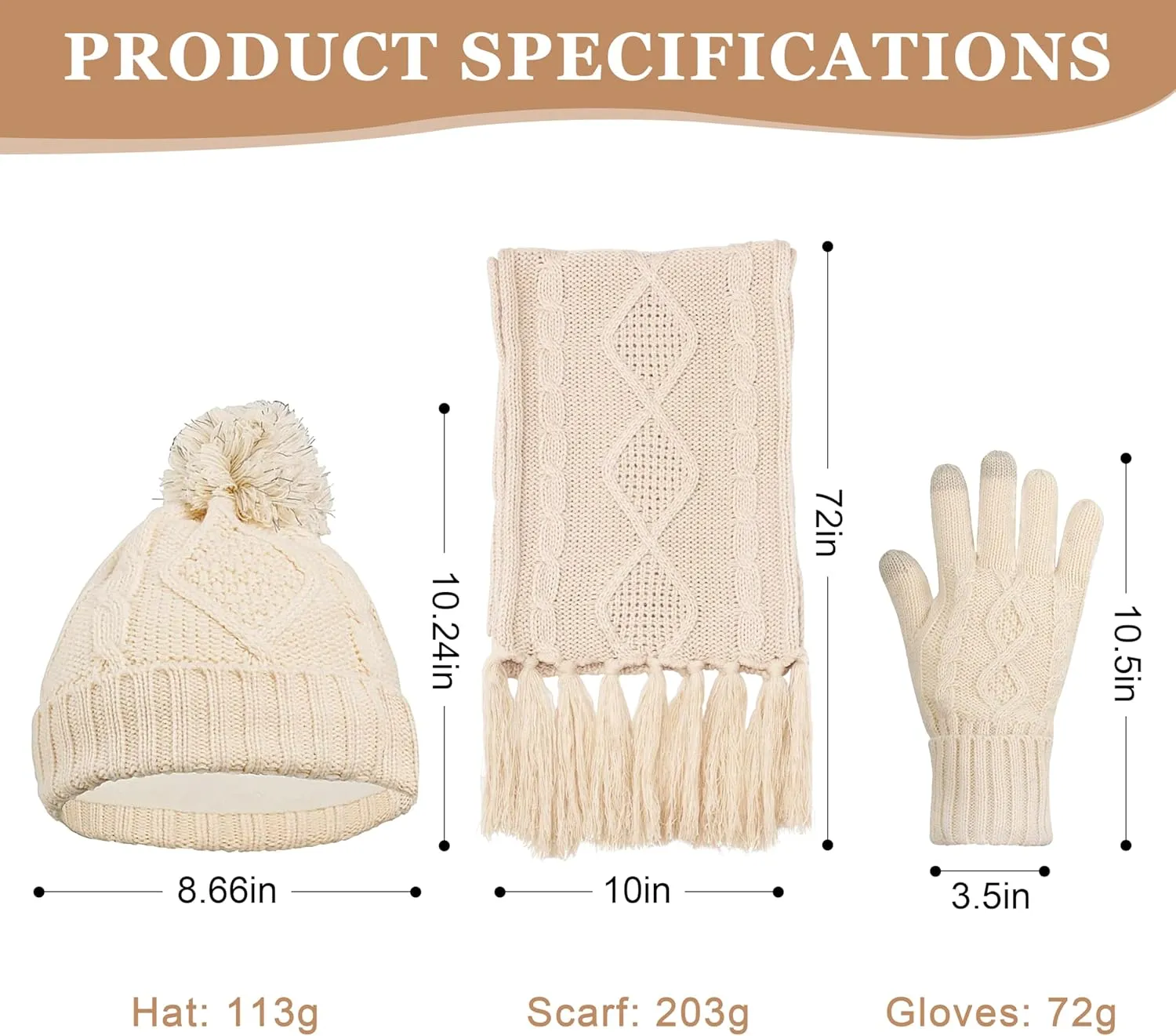 Hat Gloves Scarf Set Women Winter Knit Beanie Hat Touchscreen Gloves Long Scarve 3 in 1 Set Gift for Women Girls