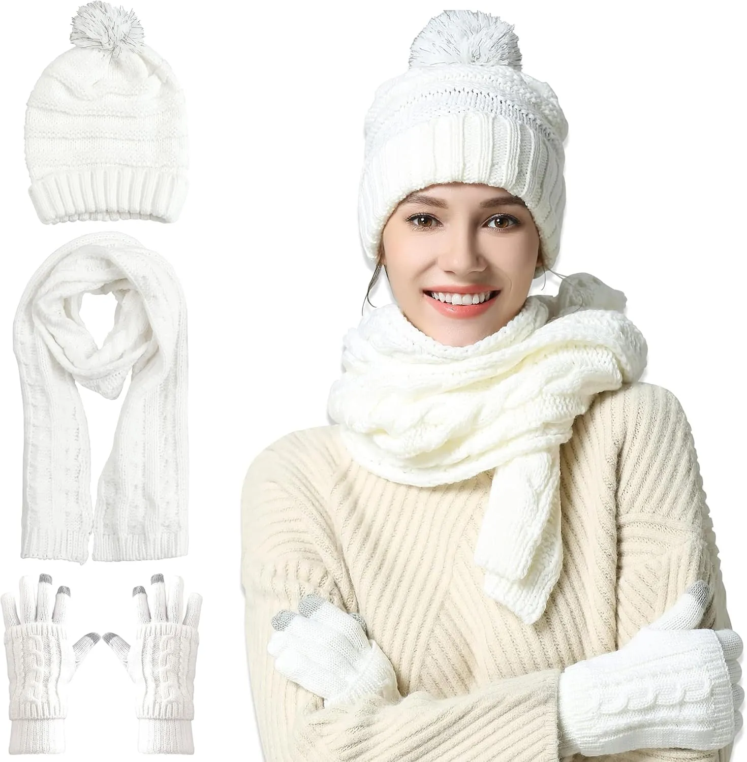 Hat Gloves Scarf Set Women Winter Knit Beanie Hat Touchscreen Gloves Long Scarve 3 in 1 Set Gift for Women Girls
