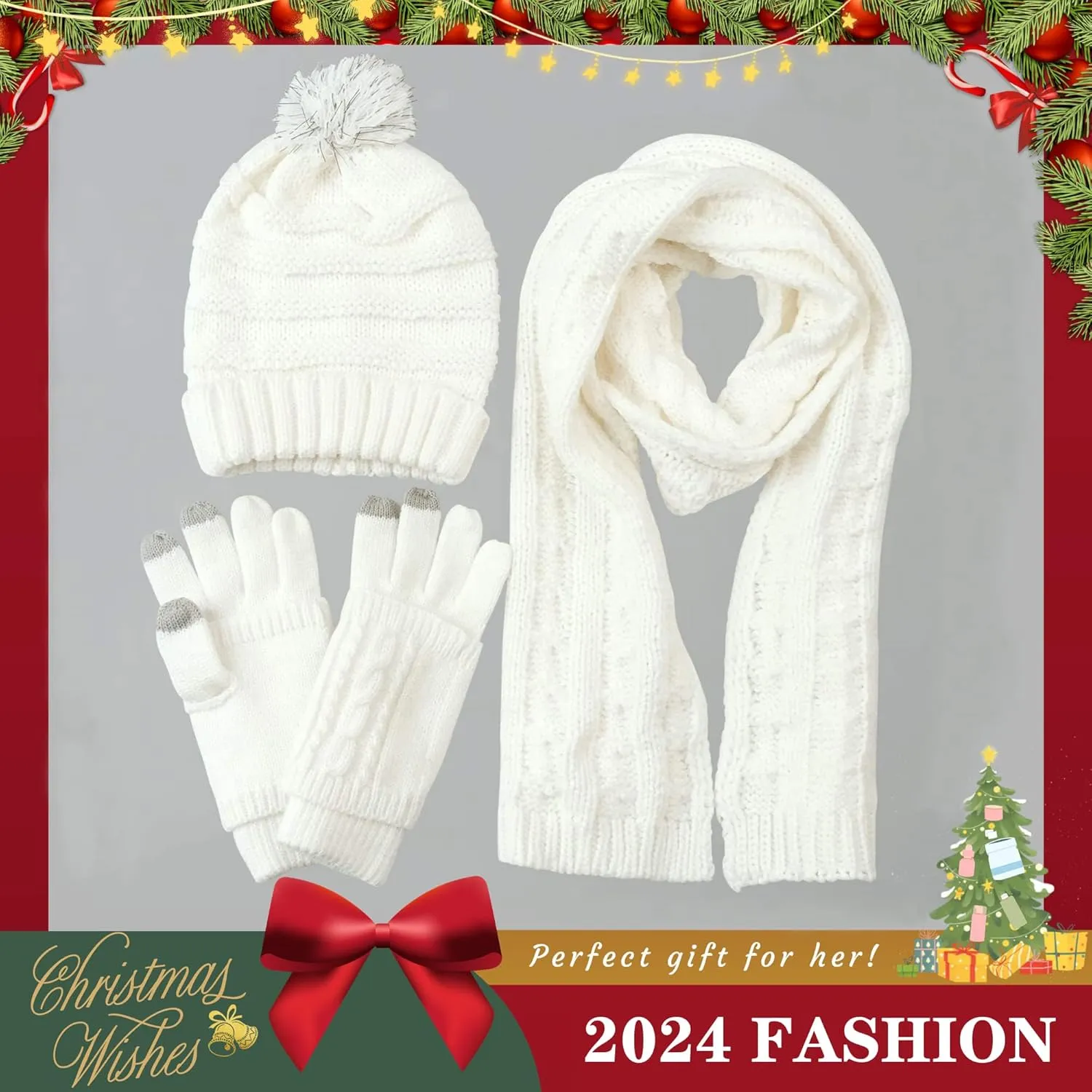 Hat Gloves Scarf Set Women Winter Knit Beanie Hat Touchscreen Gloves Long Scarve 3 in 1 Set Gift for Women Girls