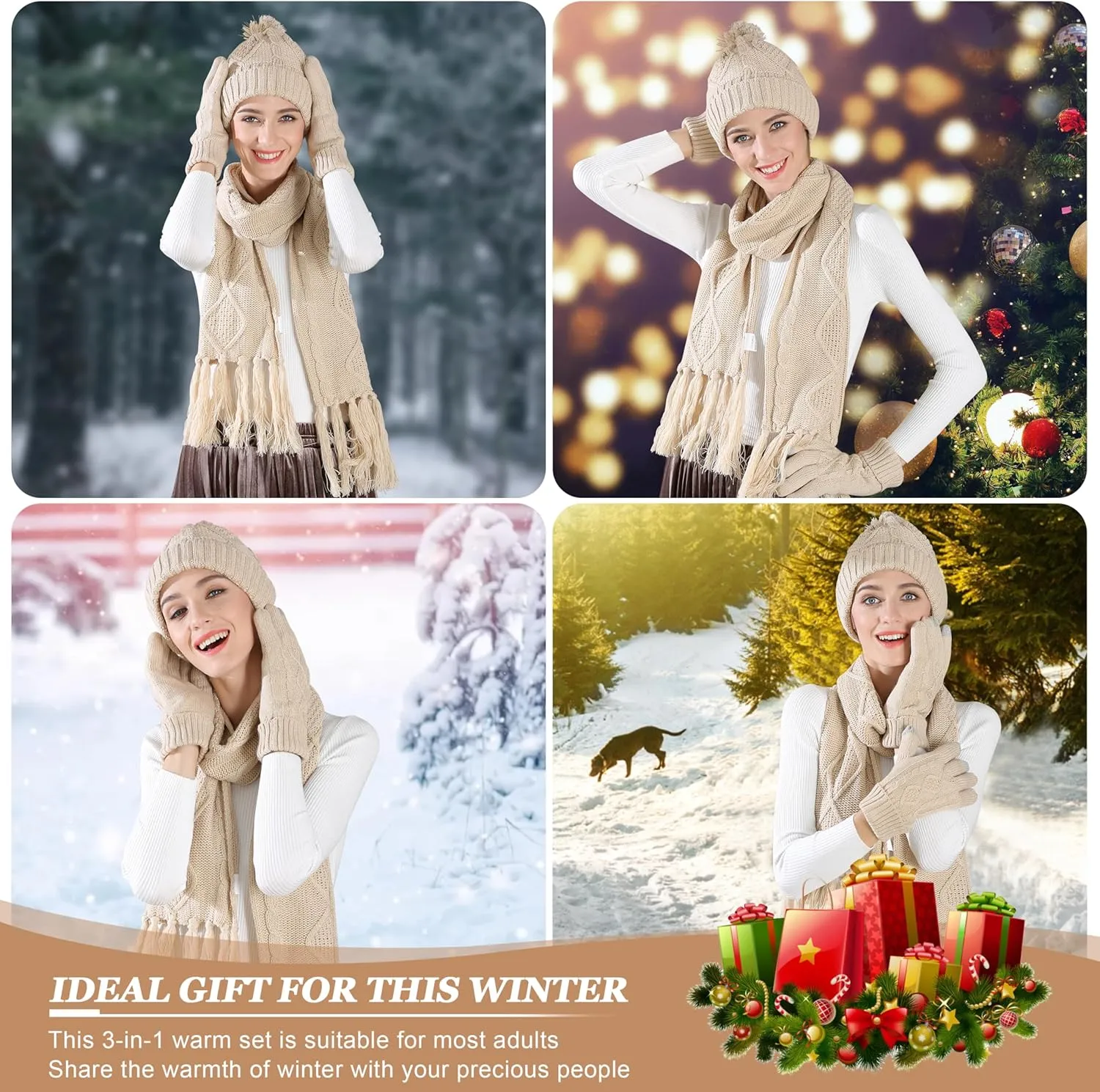 Hat Gloves Scarf Set Women Winter Knit Beanie Hat Touchscreen Gloves Long Scarve 3 in 1 Set Gift for Women Girls