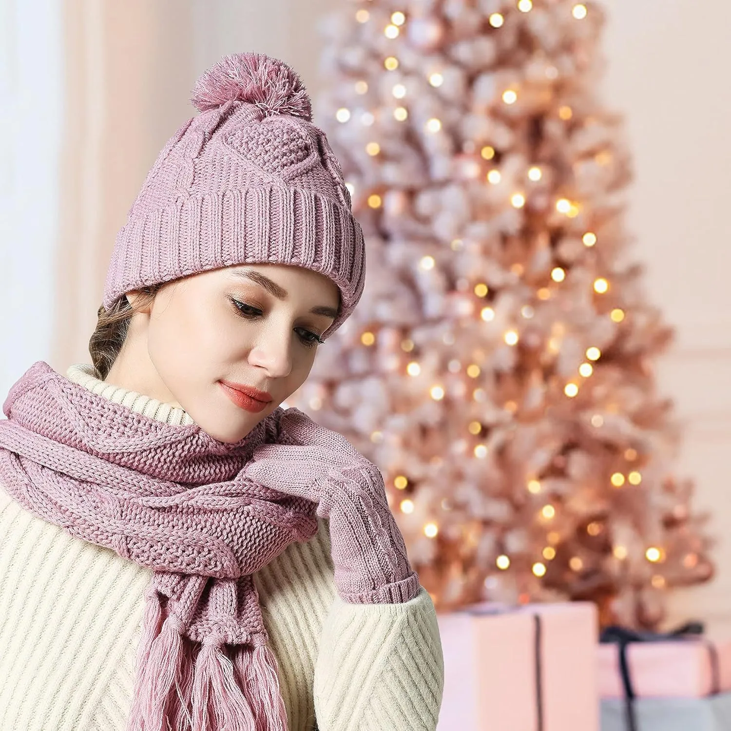 Hat Gloves Scarf Set Women Winter Knit Beanie Hat Touchscreen Gloves Long Scarve 3 in 1 Set Gift for Women Girls