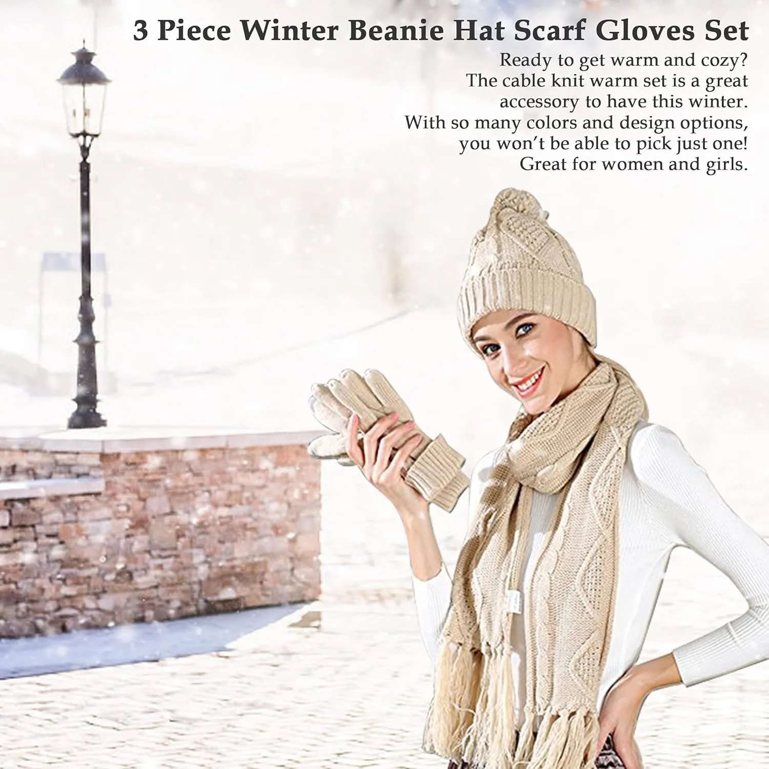 Hat Gloves Scarf Set Women Winter Knit Beanie Hat Touchscreen Gloves Long Scarve 3 in 1 Set Gift for Women Girls