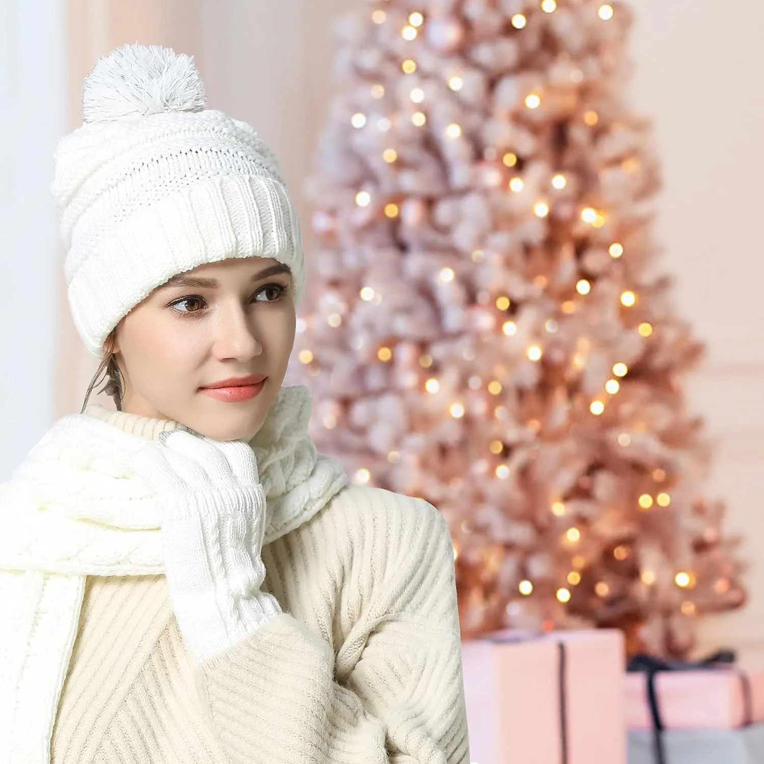 Hat Gloves Scarf Set Women Winter Knit Beanie Hat Touchscreen Gloves Long Scarve 3 in 1 Set Gift for Women Girls