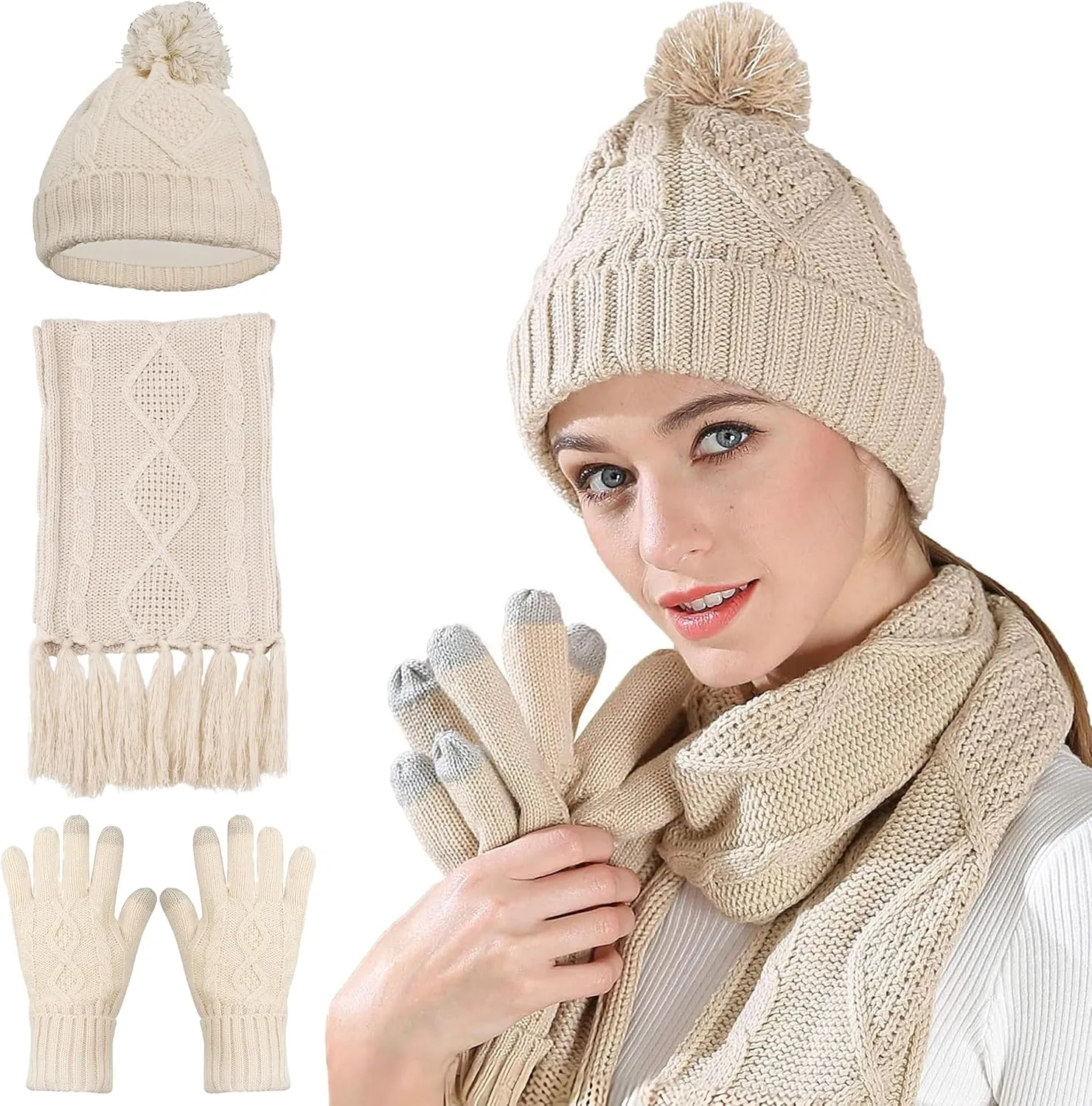 Hat Gloves Scarf Set Women Winter Knit Beanie Hat Touchscreen Gloves Long Scarve 3 in 1 Set Gift for Women Girls