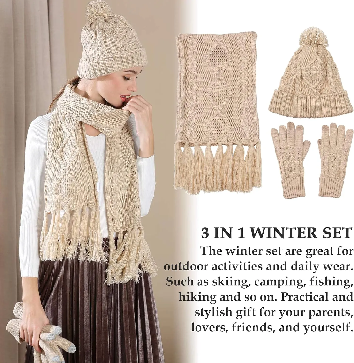 Hat Gloves Scarf Set Women Winter Knit Beanie Hat Touchscreen Gloves Long Scarve 3 in 1 Set Gift for Women Girls
