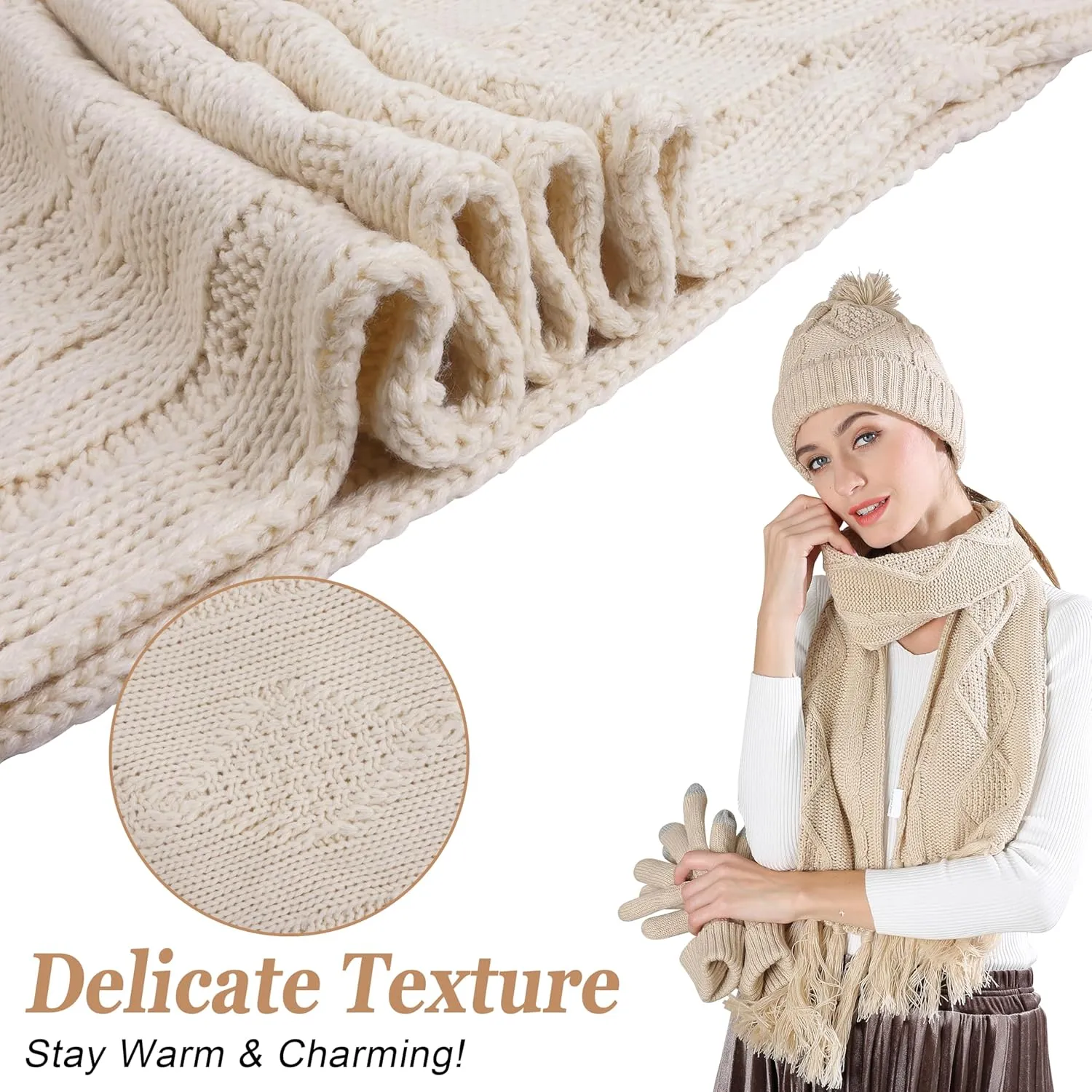 Hat Gloves Scarf Set Women Winter Knit Beanie Hat Touchscreen Gloves Long Scarve 3 in 1 Set Gift for Women Girls