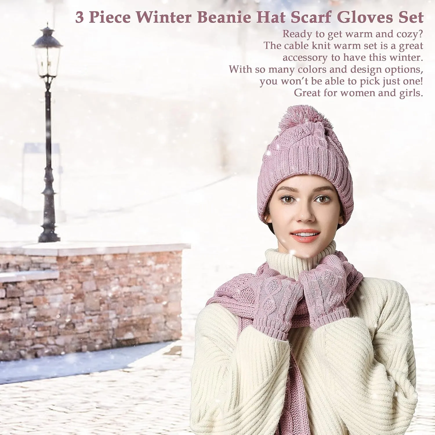Hat Gloves Scarf Set Women Winter Knit Beanie Hat Touchscreen Gloves Long Scarve 3 in 1 Set Gift for Women Girls
