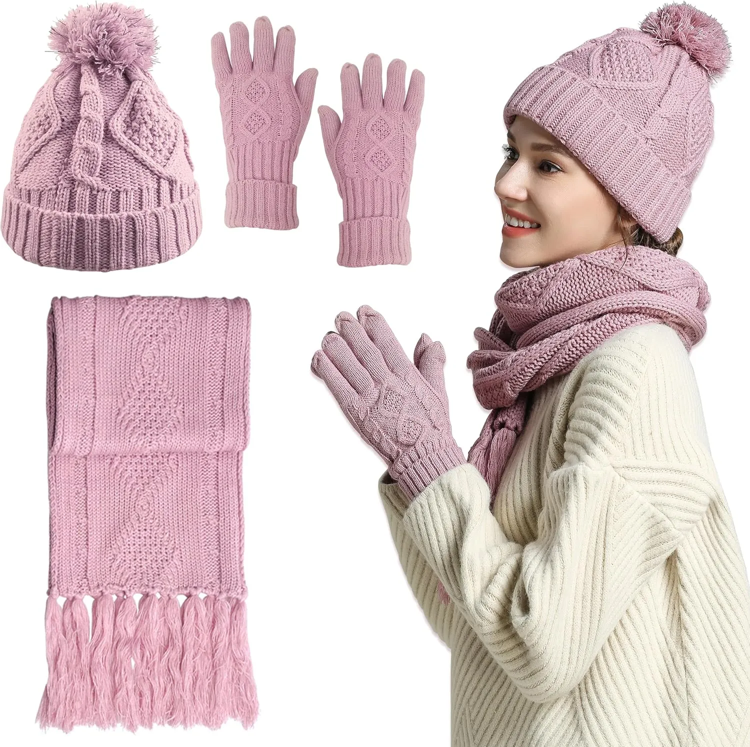 Hat Gloves Scarf Set Women Winter Knit Beanie Hat Touchscreen Gloves Long Scarve 3 in 1 Set Gift for Women Girls