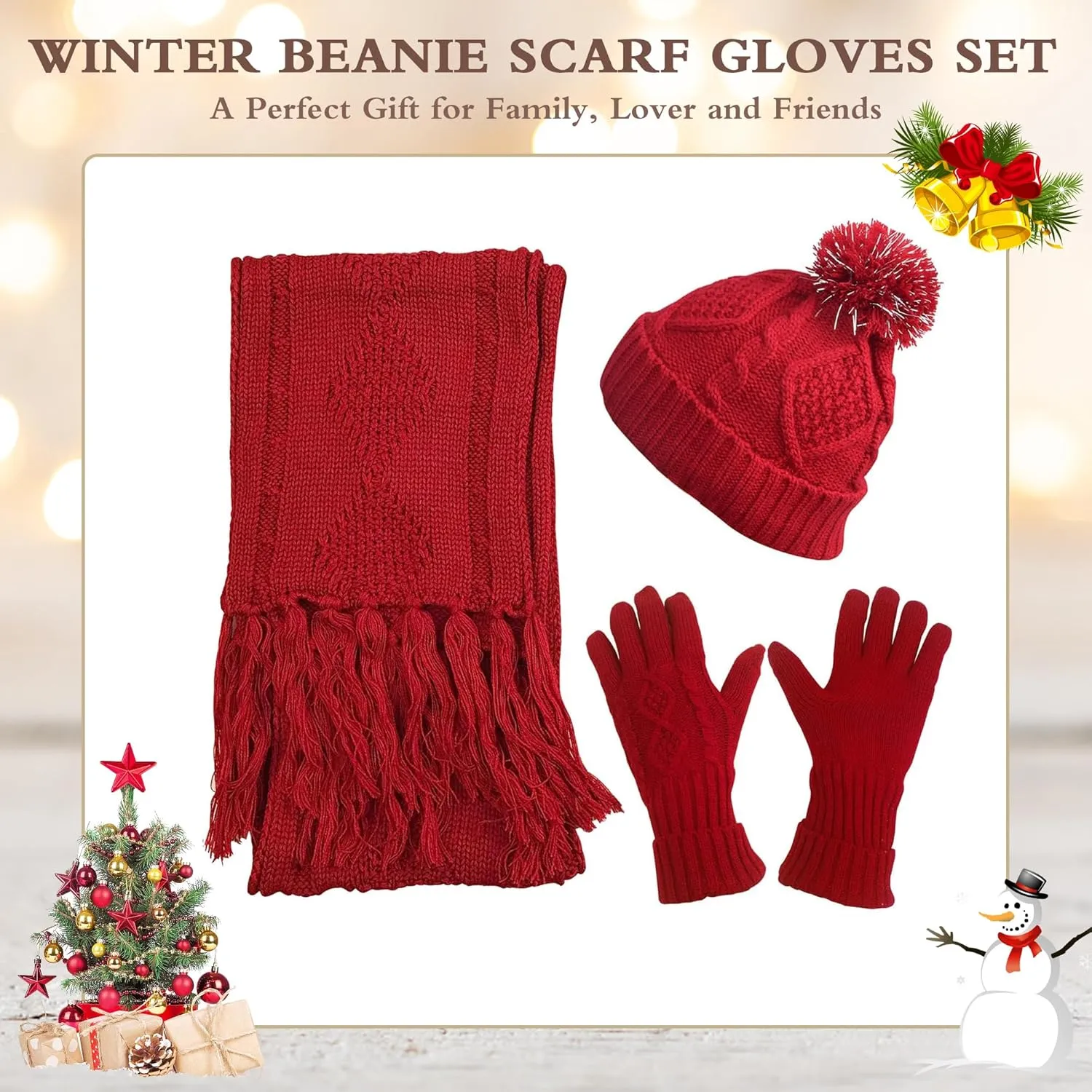 Hat Gloves Scarf Set Women Winter Knit Beanie Hat Touchscreen Gloves Long Scarve 3 in 1 Set Gift for Women Girls