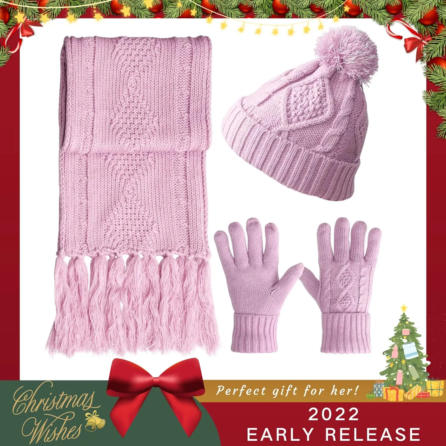 Hat Gloves Scarf Set Women Winter Knit Beanie Hat Touchscreen Gloves Long Scarve 3 in 1 Set Gift for Women Girls