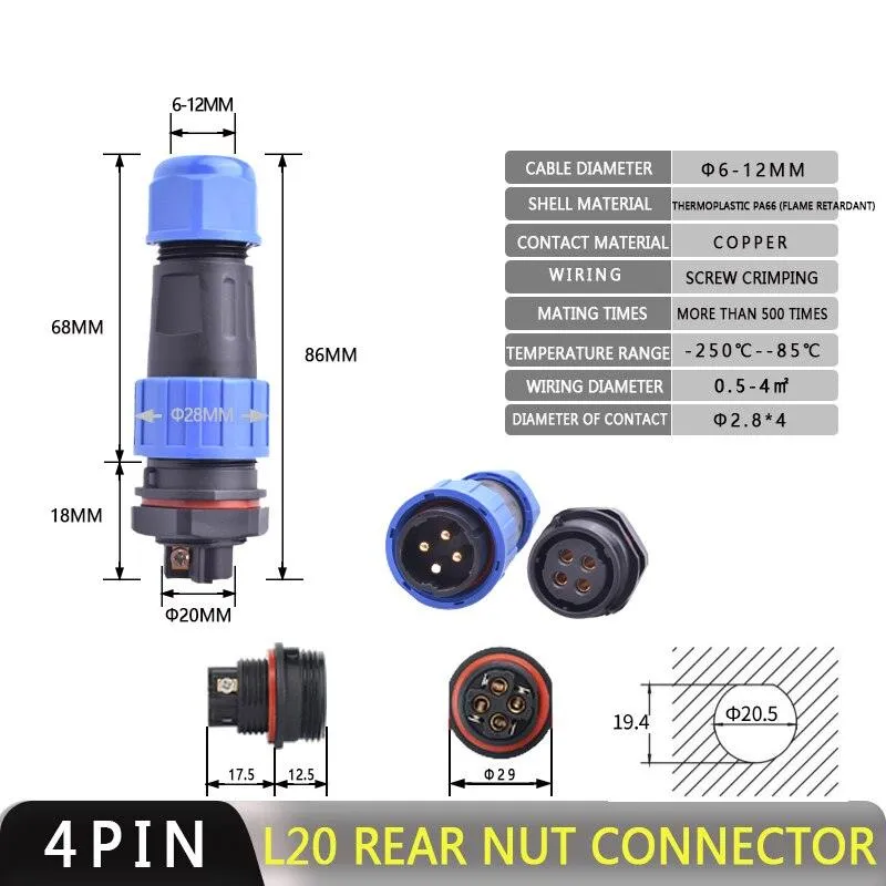 IP68 Waterproof Connector LD20 No Soldering Cable Connector