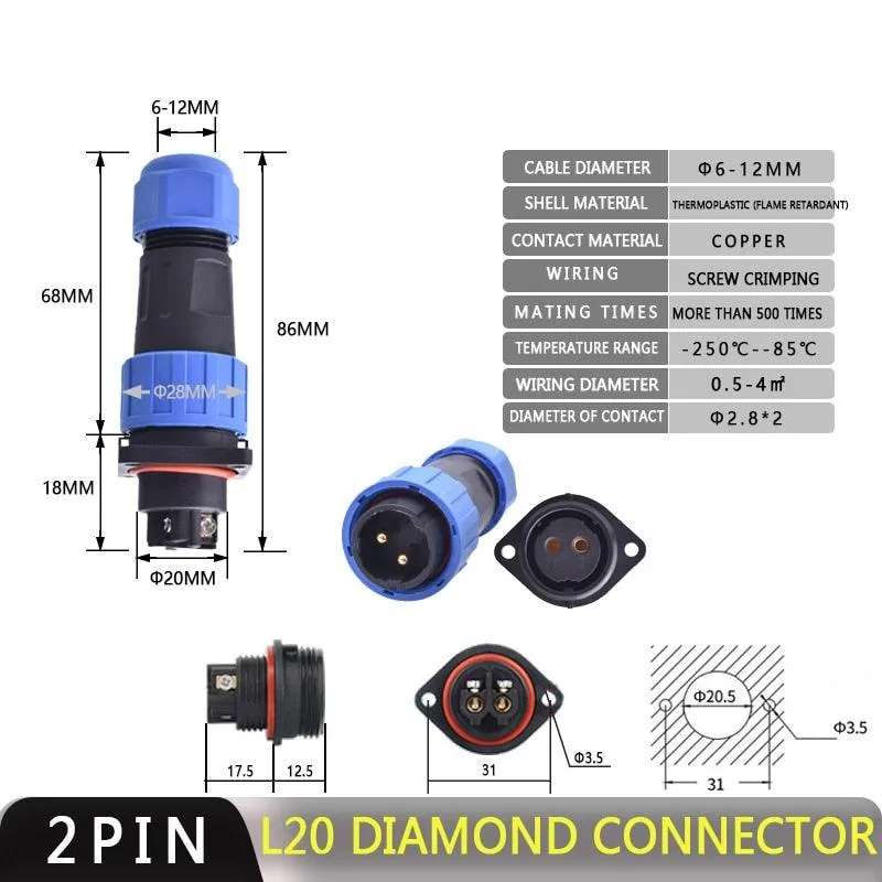 IP68 Waterproof Connector LD20 No Soldering Cable Connector