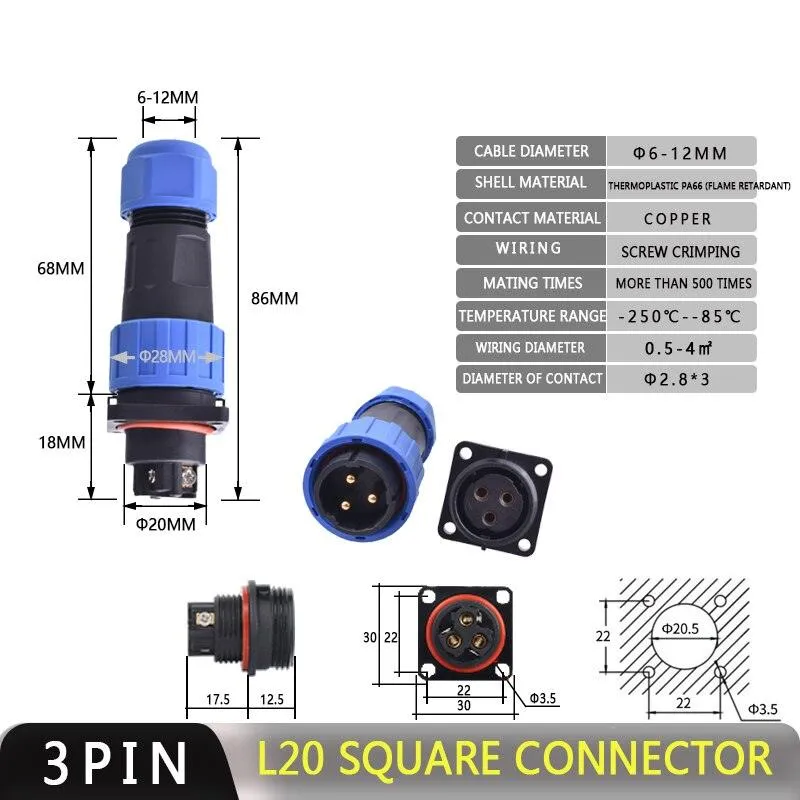 IP68 Waterproof Connector LD20 No Soldering Cable Connector