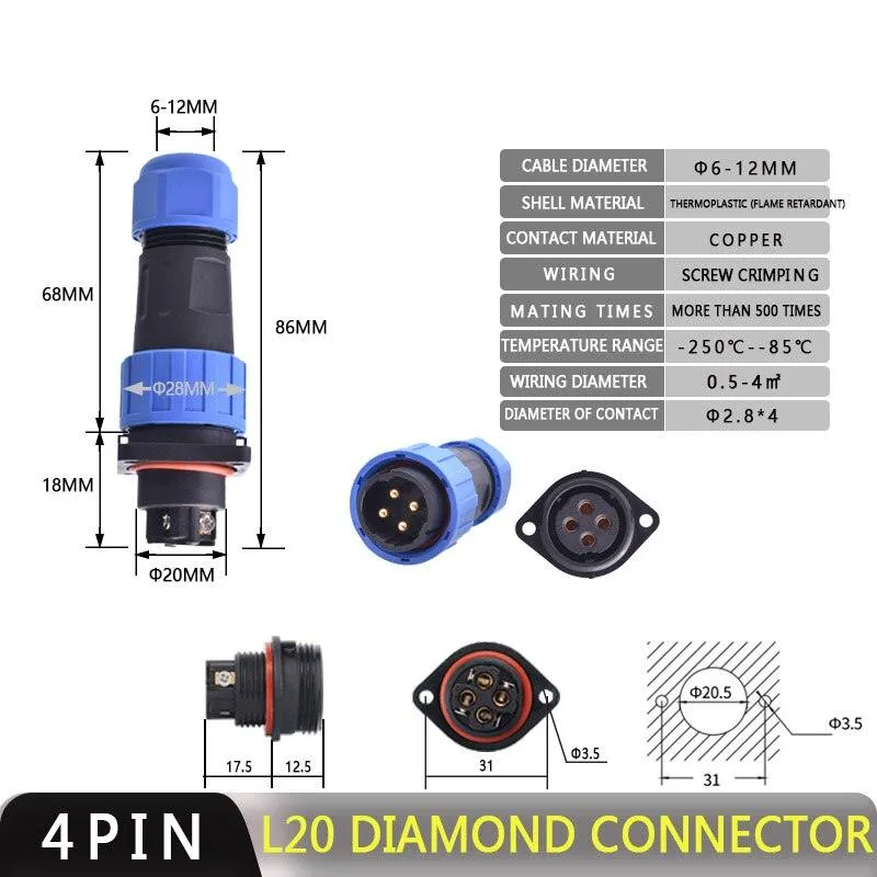 IP68 Waterproof Connector Male Plug &amp; Female Socket 2/3/4 Pin Optional