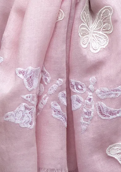 Ivory and Lt. Pink Ombré Silk and Wool Scarf with Ivory Butterflies Appliqués