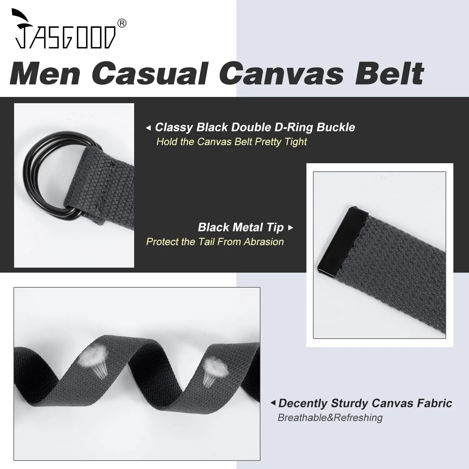 JASGOOD Men Canvas Belt Web Fabric Casual Belt with Black Double D-ring 1 1/2" Wide Set of 2