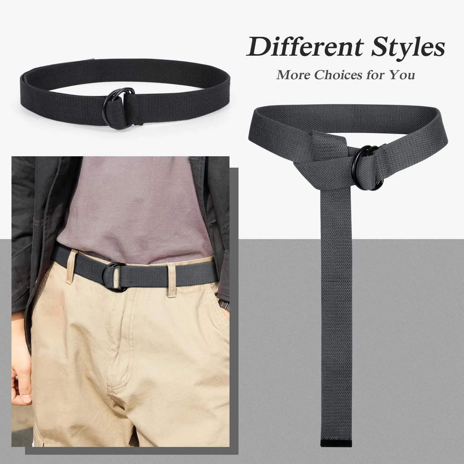 JASGOOD Men Canvas Belt Web Fabric Casual Belt with Black Double D-ring 1 1/2" Wide Set of 2