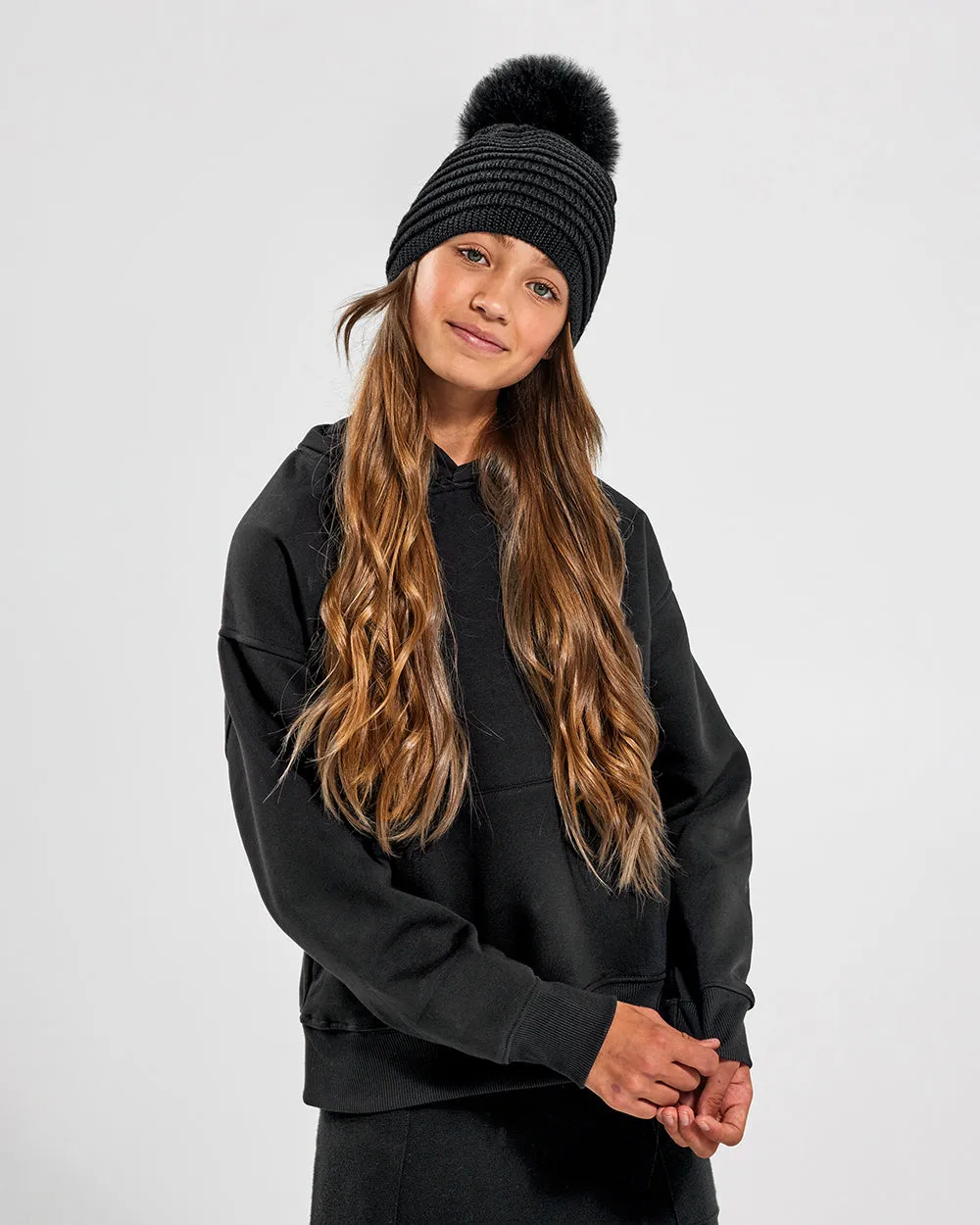 Kids (6-14 Years) Ribbed Hat with Oversized Fur Pompon