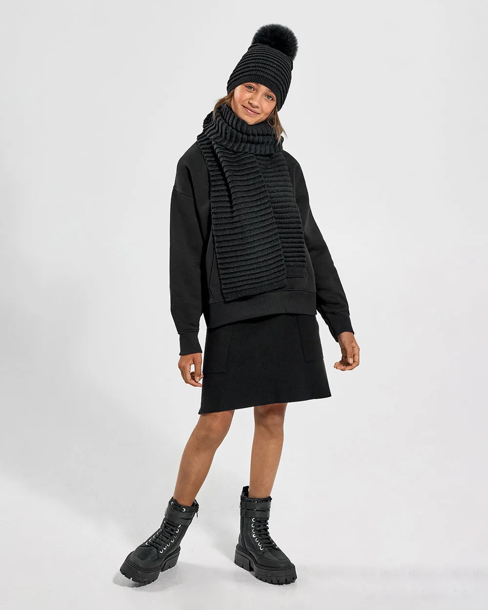 Kids (6-14 Years) Ribbed Hat with Oversized Fur Pompon