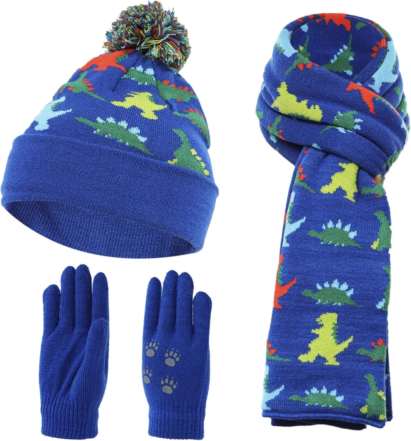Kids Winter Hat Gloves Scarf 3 Piece Set Toddlers Dinosaur Pom Pom Beanie Children Knitted Warm Set