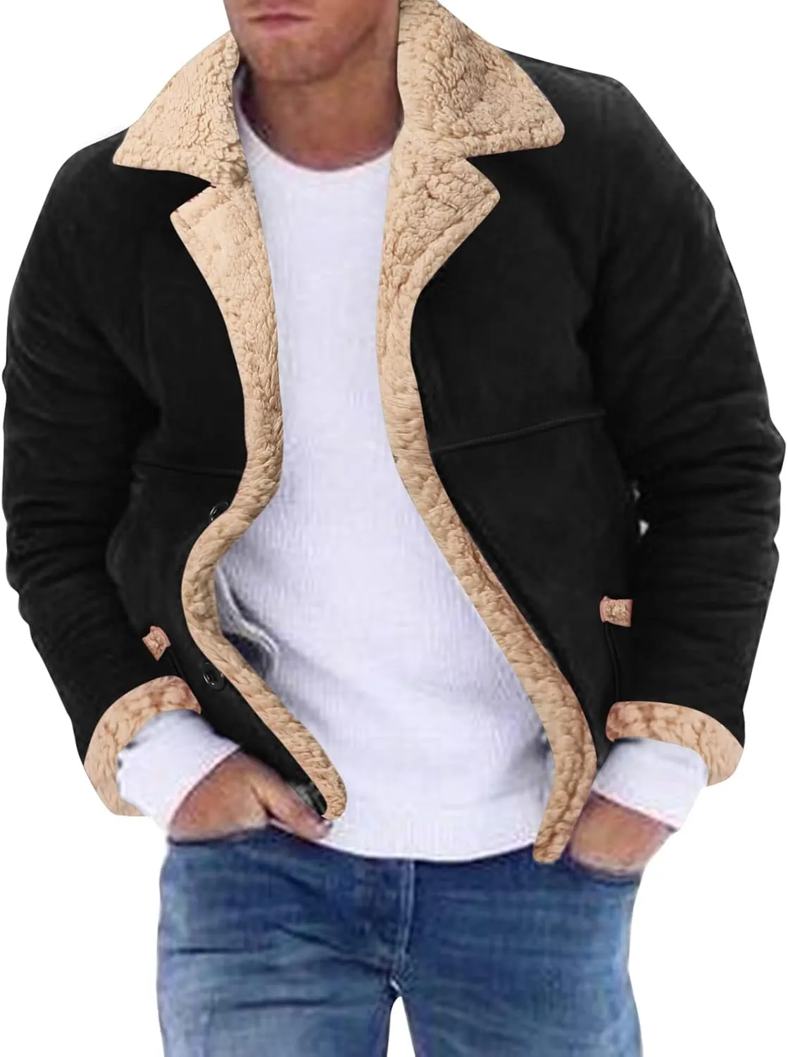 LCMTWX Jackets for Men Winter Outerwear Single-breasted Solid Color Lapel Long Sleeve Coat Cardigan Plush Long Coat Mens