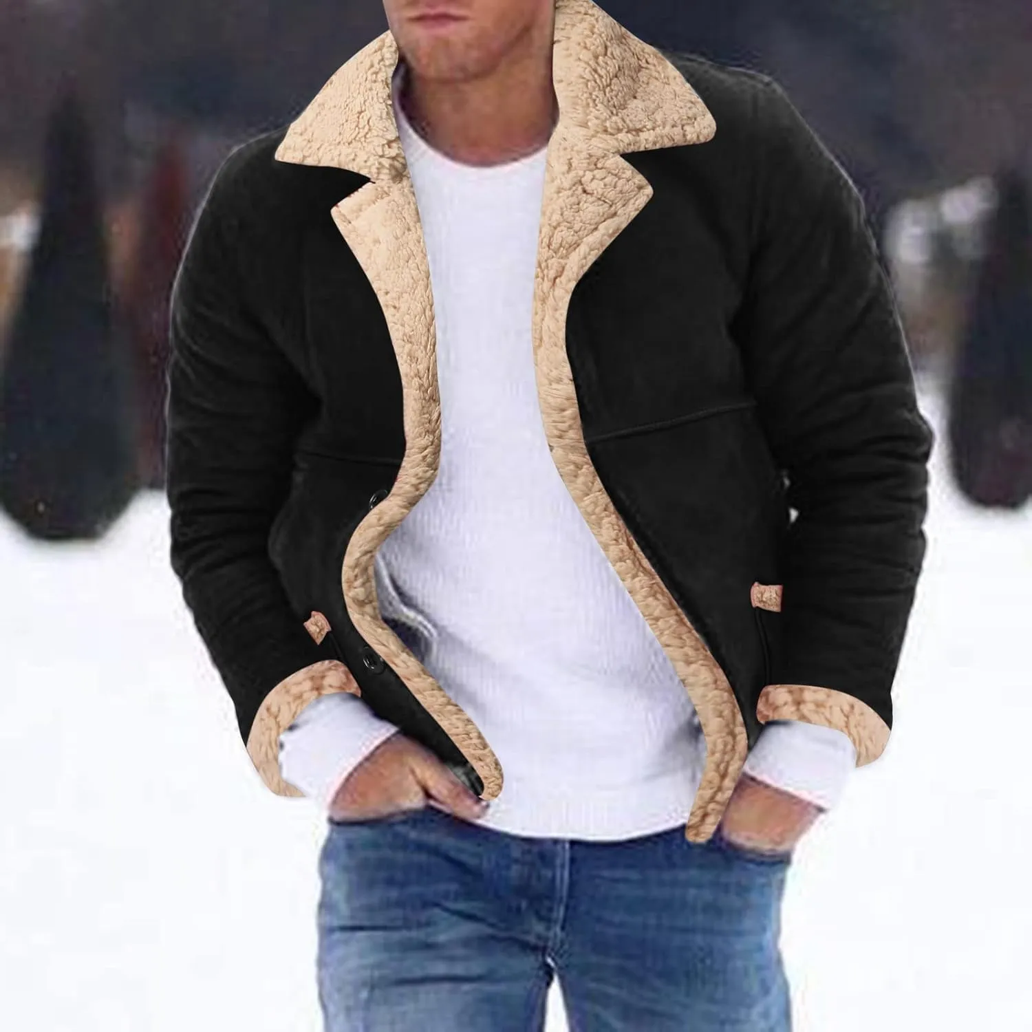 LCMTWX Jackets for Men Winter Outerwear Single-breasted Solid Color Lapel Long Sleeve Coat Cardigan Plush Long Coat Mens