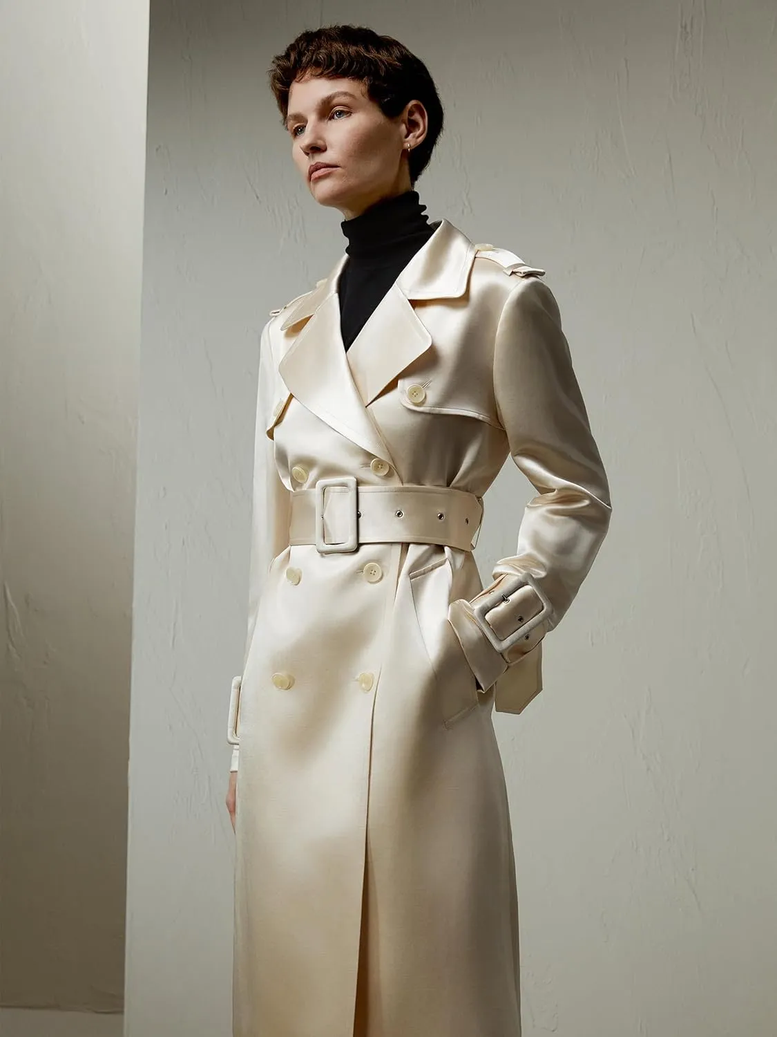 LilySilk Womens Double Breasted Silk-Blend Belted Coat Lapel Collar Luxury Pea Coat Buttons Closure with Slit Pockets