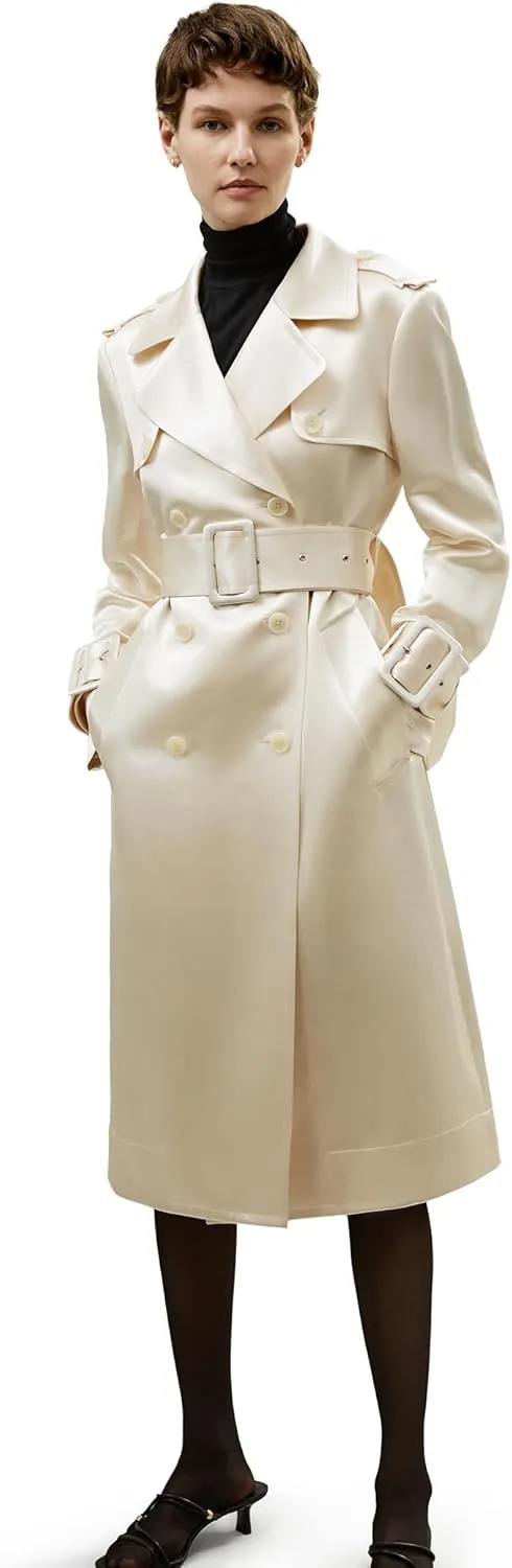 LilySilk Womens Double Breasted Silk-Blend Belted Coat Lapel Collar Luxury Pea Coat Buttons Closure with Slit Pockets